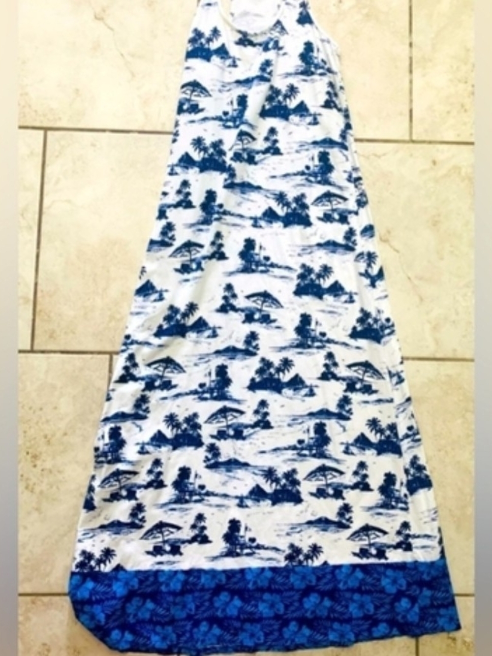 Tommy Bahama Blue & White Tropical Maxi Racerback Dress - Size Medium